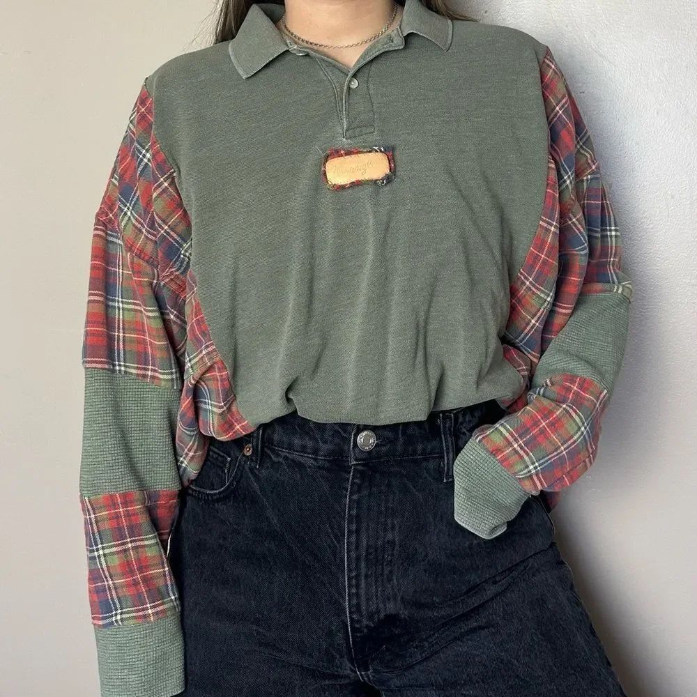 Reworked Upcycled Wrangler Long Sleeve Western Cowgirl Plaid Flannel Shirt Top